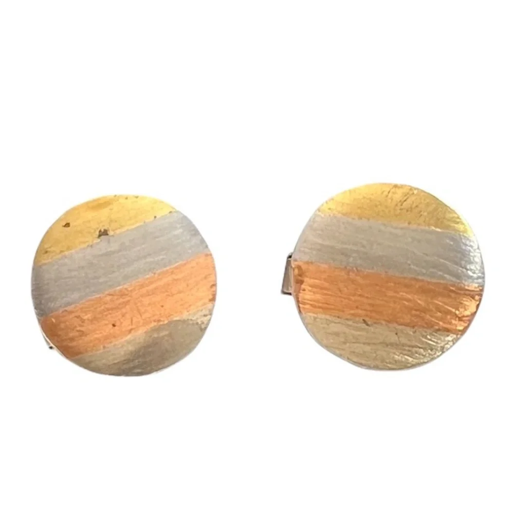 VINTAGE ALPACA MADE IN MEXICO 4 METAL COLOR STRIPE ROUND CUFFLINK